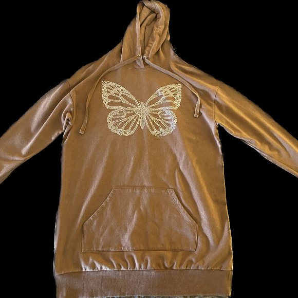 Adorable and soft medium-sized brown hoodie with a rhinestone butterfly design - Picture 1 of 2